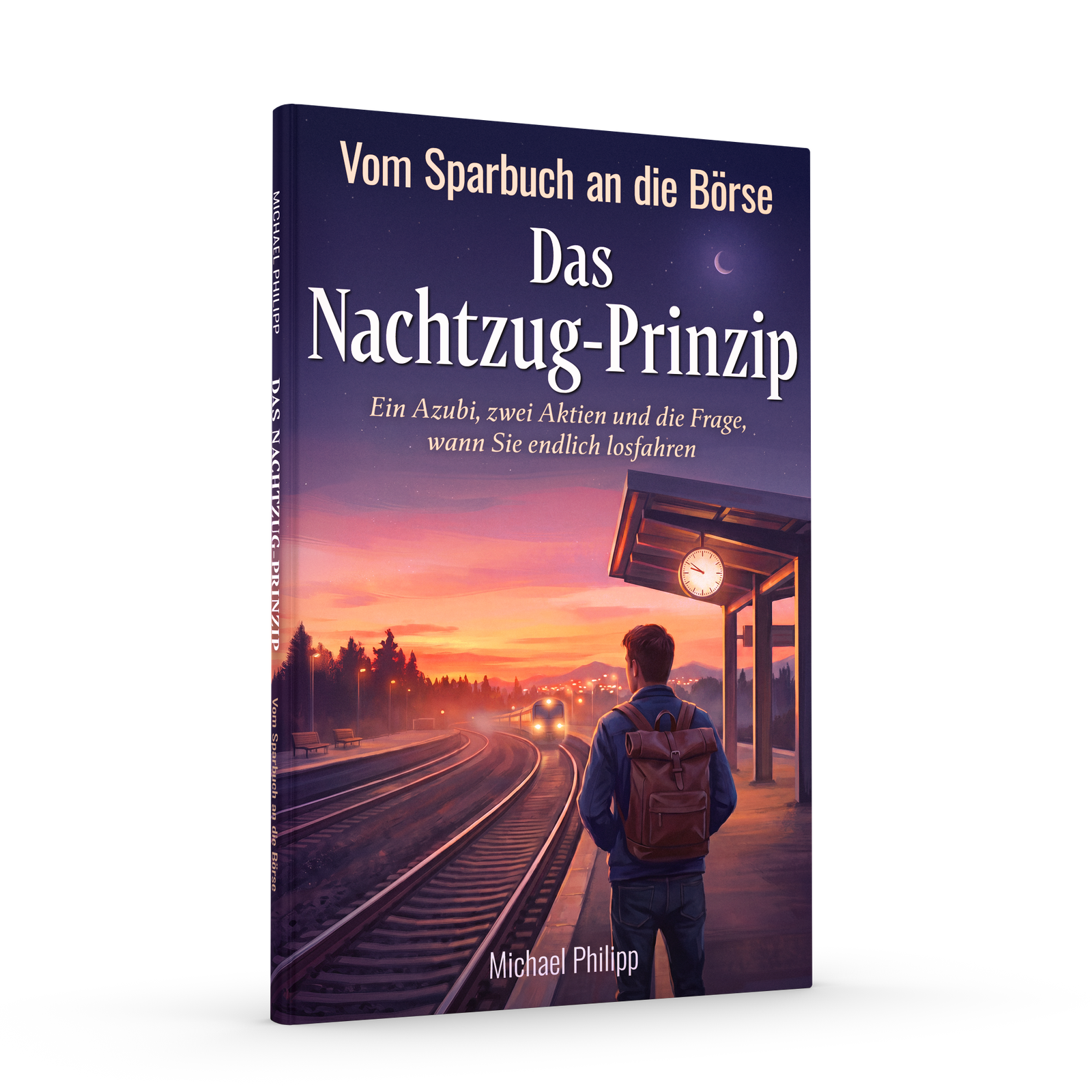 Buchcover: Das Nachtzug-Prinzip von Michael Philipp. Ein junger Mann mit Rucksack steht auf einem Bahnsteig, vor ihm fährt bei Sonnenuntergang ein Zug ein.